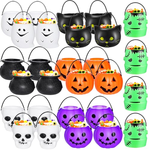 28 Pieces Halloween Candy Bucket,Mini Halloween Candy Holder,Pumpkin Ghost Cauldron Plastic Bucket Party Supplies for Trick or Treat