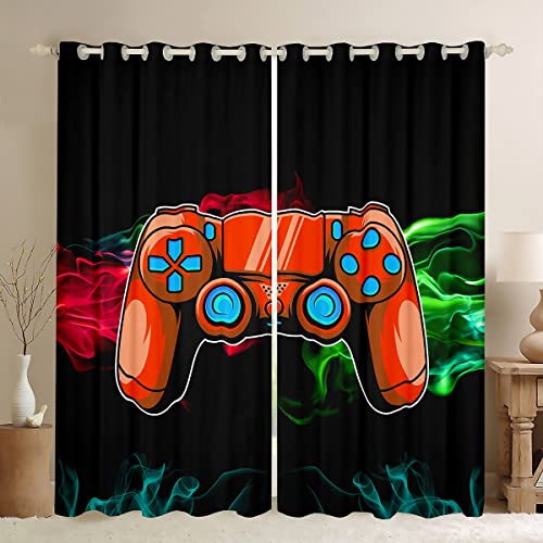 Homemissing Boys Gamer Window Curtains for Bedroom Living Room Video Gaming Curtains Kids Game Controller Window Drapes Orange Red Red Green Flame Window Curtains W66*L72