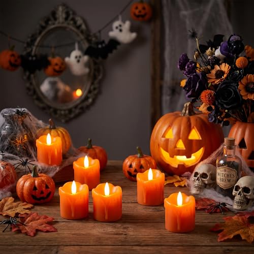 Image of Orange Flameless Votive Candles Battery Operated with Remote Timer | 400 Hours Long Lasting Battery Included, LED Tealights Flickering Dripping Wax, Halloween Indoor Decor, 2 inchD x 2.5 inchH, 6 Pack