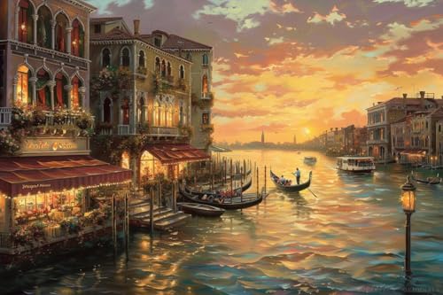 Arte mural con resplandor vespertino en Venecia: 24 pinturas al óleo originales de paisajes urbanos, Gran Canal al anochecer, tiendas iluminadas, edificios, góndolas con turistas, decoración de p…