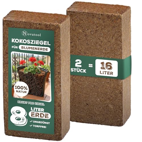Lot de 2 terreaux de coco pour plantes d'intérieur 16 litres 650 g 20 x 5,5 x 10 cm En fibres de coco Terre d'humus Terreau de fleurs bio Terreau de jardin Tuiles de coco fines