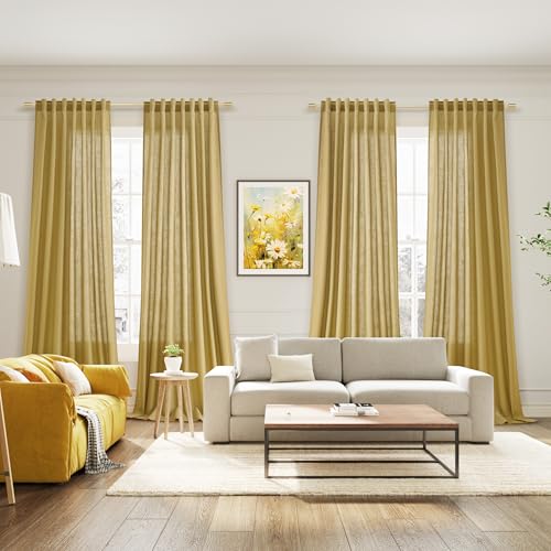 Image of Nanspring Gold Linen Curtains 84 Inch Length 2 Panels Set for Living Room Rod Pocket Back Tab Light Filtering Window Drapes for Bedroom Dining Room Protect Privacy Modern Farmhouse Decor 52x84