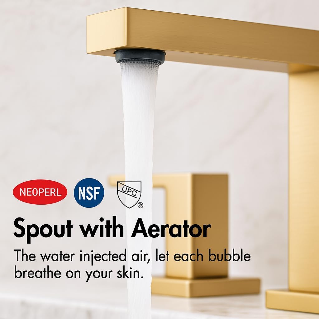 Brushed Gold Bathroom Faucets, Vanity Faucets for Sink 3 Hole ,Two Handles Widespread 4 Inch 8 Inch Brass Bathroom Sink Faucet with Pop Up Drain and Cupc Lead-Free Hose - Image 4