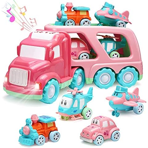 Carrier Car Toy Set(5 in 1) with Lights and Sounds, Pink Toy for Girl Toddler Kid, Friction Powered Double Layer Transport Truck with Cartoon Vehicles, Child Play Birthday Gift Christmas Party Favors Cover