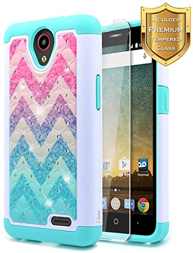 NageBee [Hybrid Protective] Soft Cover [Studded Rhinestone Bling] Diamond Case with [Tempered Glass Screen Protector] for ZTE Maven 3 (Z835 AT&T), ZTE Overture 3, ZTE Prelude Plus Case(4G LTE) -Wave
