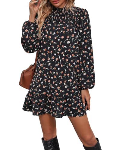 Floerns Women's Floral Print Long Sleeve Mock Neck Ruffle Hem Short Swing Shift Dresses Black Multi M