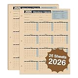 VistaRise 2026 Attendance Calendar - Employee Attendance Tracker Record Cards, 3-Hole Punched for Binder, Thick Cardstock, 8.5 x 11 in (Letter Size), Pack of 25 Sheets