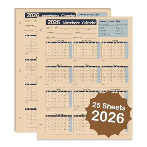 VistaRise 2026 Attendance Calendar - Employee Attendance Tracker Record Cards, 3-Hole Punched for Binder, Thick Cardstock, 8.5 x 11 in (Letter Size), Pack of 25 Sheets