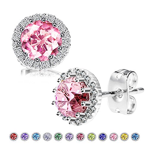 Birthstone Stud Earrings, Copper Plated Cubic Zirconia Earrings for Women Pink Tourmaline/October Herinos