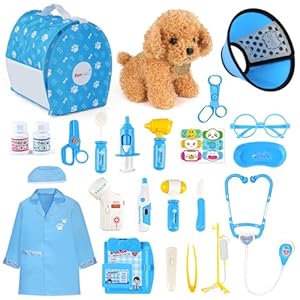 Sanlebi Doctors Set for Kids – Children Pet Vet Care Play Set with Doctor Costume, Plush Dog, Pretend Role Play Medical Kit Toys Gifts for 3 4 5 6 Year Old Girls (Blue)