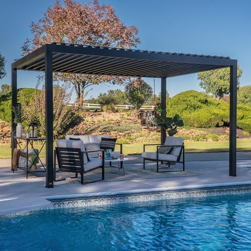 Image of Backyard Discovery Sarasota 14' x 10' Galvanized Steel Louvered Pergola Kit with Adjustable Roof, Shade, Rain Protection, High-Wind Rating, Gutter System for Outdoor Patio, Garden, Deck, Entertaining