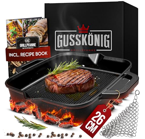 GUSSKÖNIG Cast IronPan - 26cm GriddlePan - Pre-Seasoned Cast-Iron SkilletPan - GrillPan for Gas & Induction Hob - SteakPan - Durable Cast Iron GriddlePan - Includes Cleaner & Recipe Book