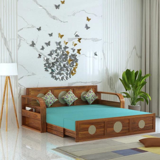 Image of Ganpati Arts Solid Sheesham Wood Cosmos 3 Seater Sofa Cum Bed with Headboard Design for Living Room Wooden Furniture Sofa Bed for Home - Natural Finish 3 Year Warranty