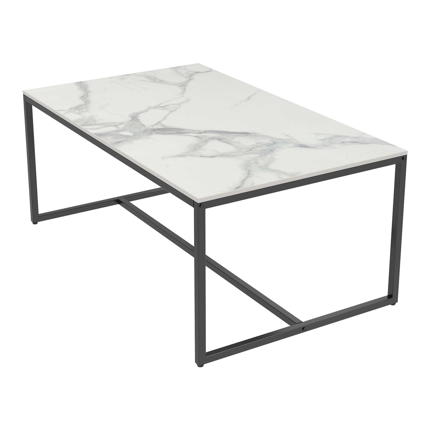 FATIVO Couchtisch Marmor Weiß Modern: Rechteckiger Skandinavisch Kaffeetisch Wohnzimmertisch mit schwarz Metallgestell - Beistelltisch für Wohnzimmer 100x60x40cm