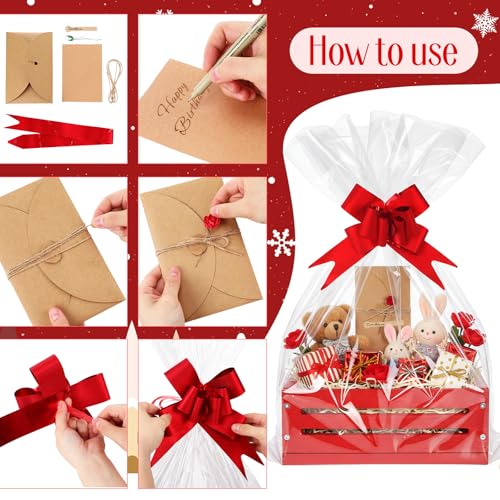 Image of Wonderjune Wooden Baskets for Back to School Gifts Empty Wood Basket with Cellophane Bag Ribbon Greeting Card for Birthday Baby Shower Wedding Housewarming Gifts Packaging(Red,Small)