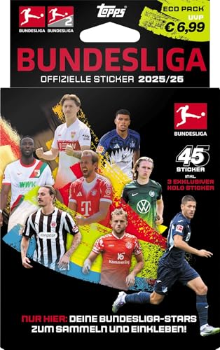 Topps Bundesliga Sticker 2025/26 ECO Pack 45 Sticker in 6 Tüten + 3 exklusive Monster Mentality Glitzersticker - Offizielle FußballStickerkollektion 2025/2026