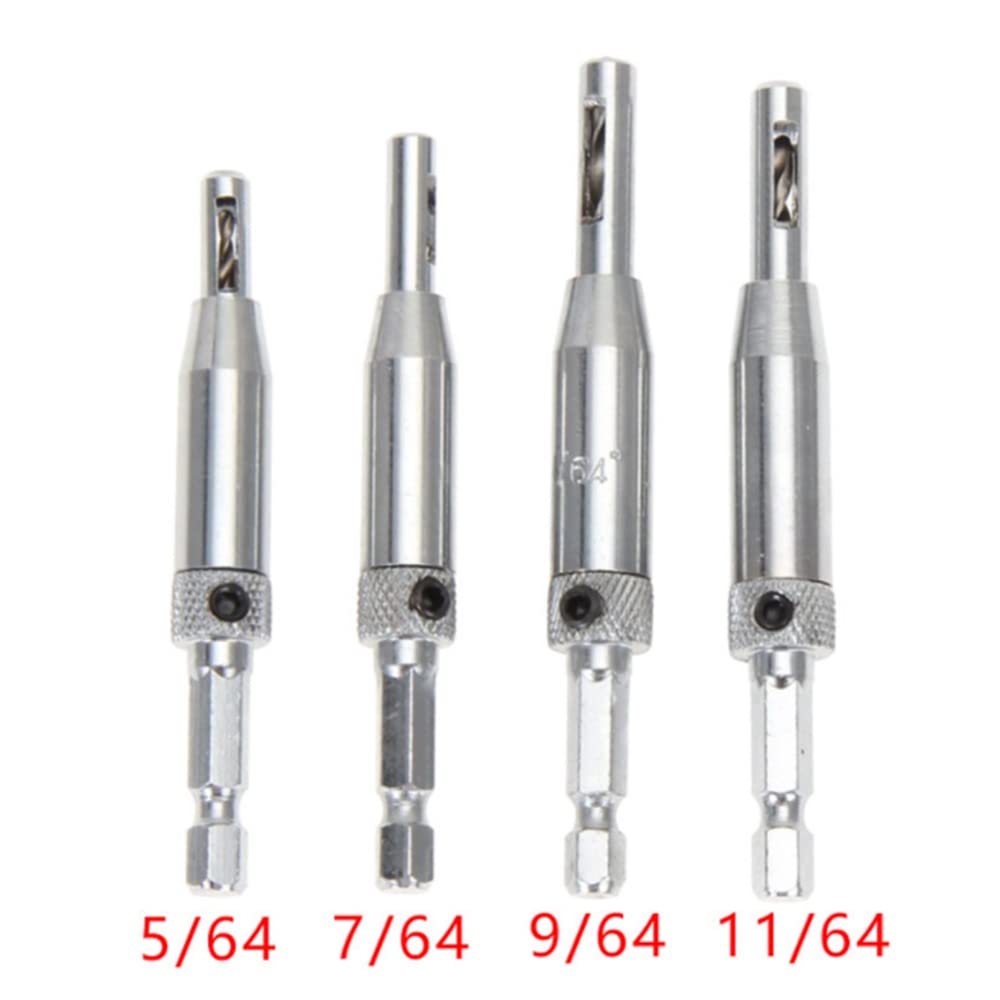 4PCS Hinge Drill Bit Set, HSS Self Centering Drill Bits, Hardware Self-Center Drill Bit for Wood Door Pilot Hole Hinge Drill Bit(5/64