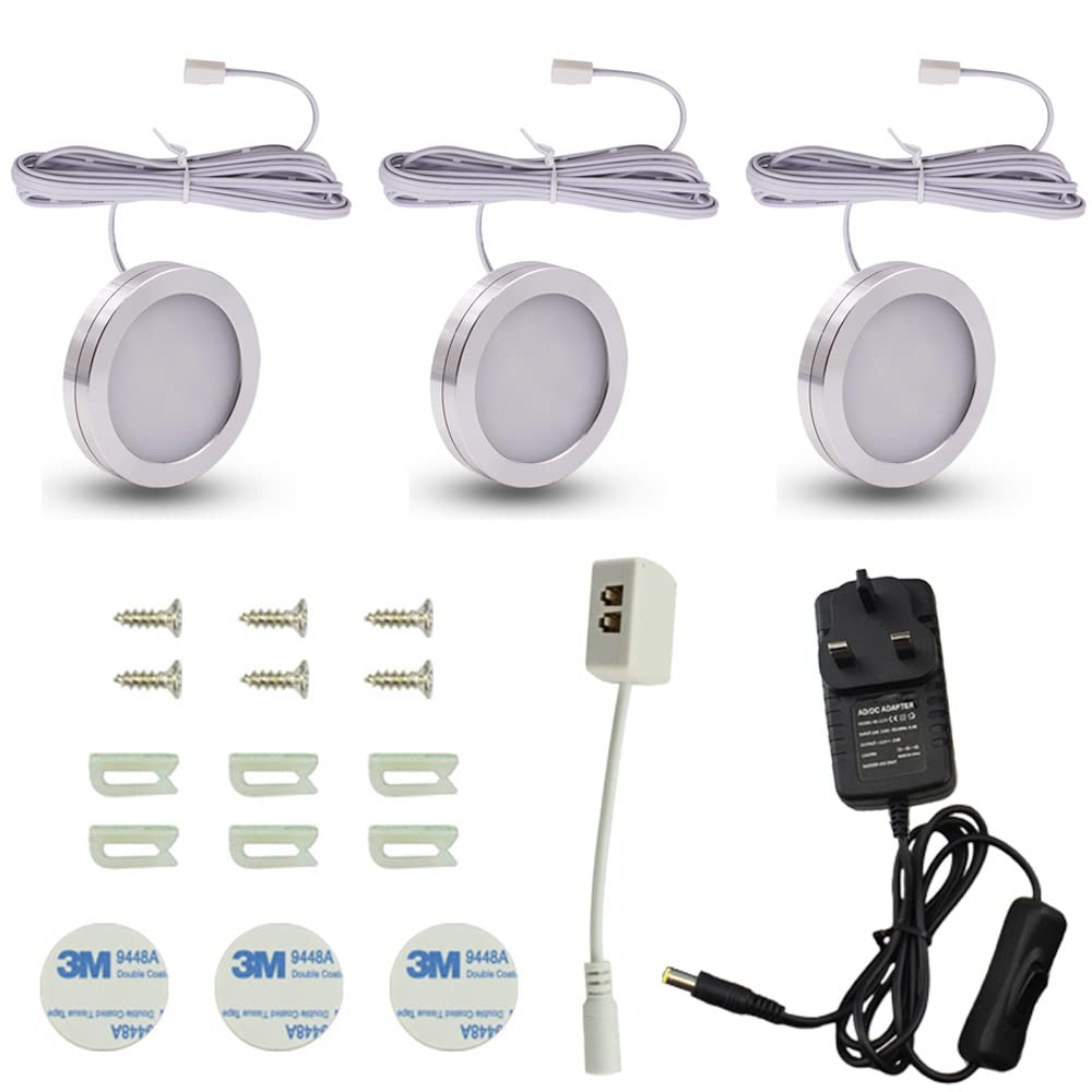 GQL 12V Under Cabinet Light Kit Wired, 1500 Lumens, LED Puck Lights Disc Lighting for Kitchen, Counter, Closet, Cupboard, Shelf (Warm White (3000K), Set of 3)