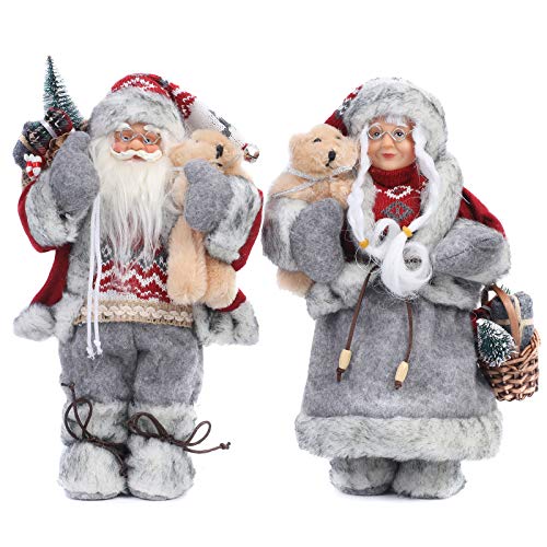 Yeeping Christmas Santa Figurines, 12 Inch, Hand Crafted Santa Claus, 2021 Style, Mr and Mrs Santa Claus, Santa Doll, Santa Decor, Santa Toy, Christmas Decoration, One Pair Two Figurines, White
