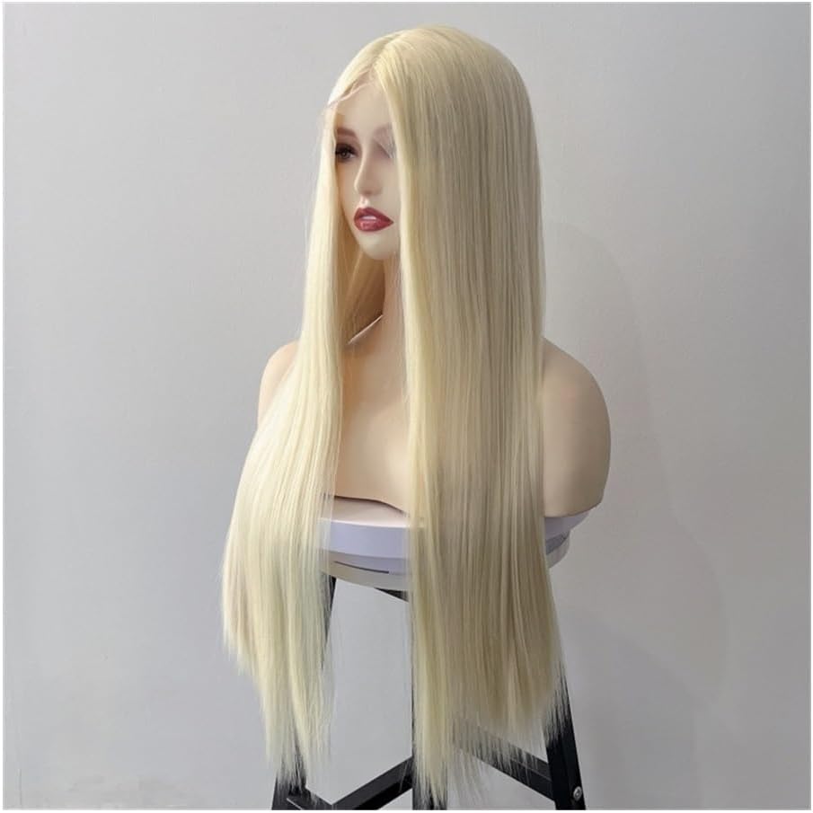 Blonde lace wig - Etsy 日本 26インチ ロング ホワイト ブロンド ウィッグ ナチュラル 耐熱ファイバー 合成 レイヤード ストレート プラチナ ミドルパート