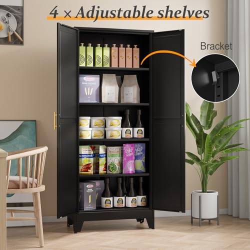 Image of Black Pantry Storage Cabinet,71 inch Kitchen Pantry with Doors and 4 Adjustable Shelves, Metal Storage Cabinet, for Office, Home, Garage, School