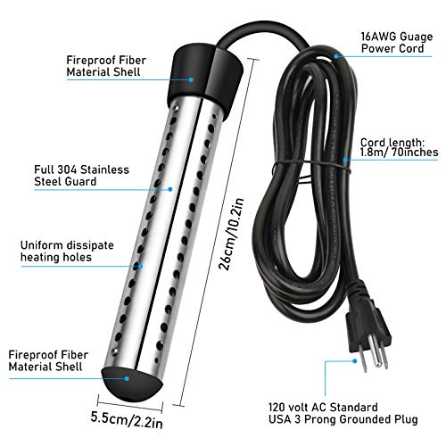 Immersion Heater, GESAIL 1500W Submersible Immersion Water Heater with Full 304 Stainless-steel Guard and Digital LCD Thermometer, Bucket Heater Heats 5 Gallons of Water in Mimutes - Black - Thumbnail 7