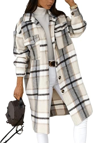 PUWEI Women's Casual Lapel Button Down Long Plaid Shirt Coat Tartan Shacket Jacket