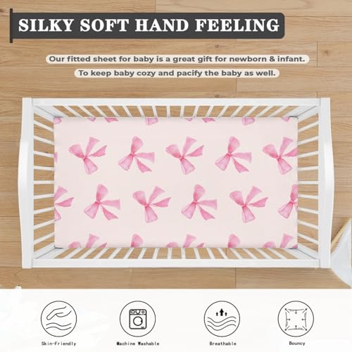 Image of Bow Baby Crib Sheets for Boys Girls Pink Fitted Crib Sheet for Standard Crib and Toddler Mattress Cute Baby Mattress Sheets Toddler Bed Sheet 52x28x8 in