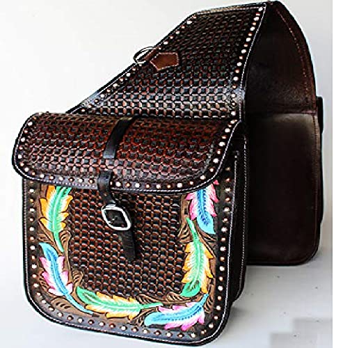 HUMAYL SADDLERY Horse Saddle Bag Western Cowhide Genuine Leather Equestrian Trail Tooling Carving Tooled Carved Pack Equipment Horse Saddle Bags Size: 10” L x 10” W x 3 ½” D inches, BAG24