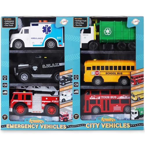 Playkidiz 3514 Toy Cars For Toddlers - 6Pcs Pull Back Cars Toys With Light And Sounds, City And Emergency Vehicles Set, Including Police Car, Fire Truck, Ambulance cover