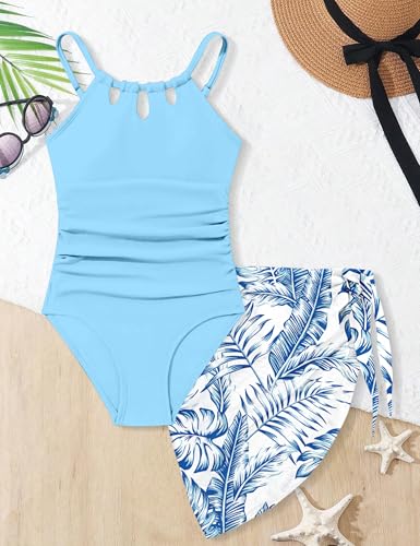 Image of KANGKANG Girls Swimsuit Quick Dry Cut Out One Piece Swimsuits with Tropical Print Cover Up Skirt Bathing Suit Swimwear 7-18Y