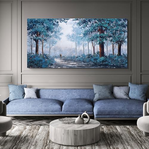 KLAKLA Prussian Blue Wall Art 24x48 Blue Leaves Forest Decor