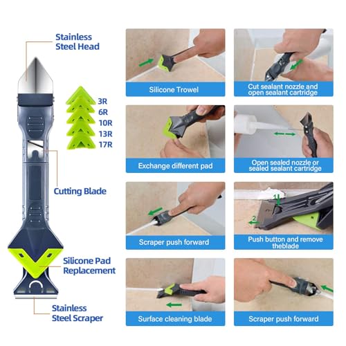 Silikonentferner Werkzeug Set – 4 in 1 Fugenwerkzeug Silikon Abzieher mit 4Pcs Fugenglätter 5 Auswechselbar Silikonpads, Vielseitig für Küche, Bad und Fensterabdichtung