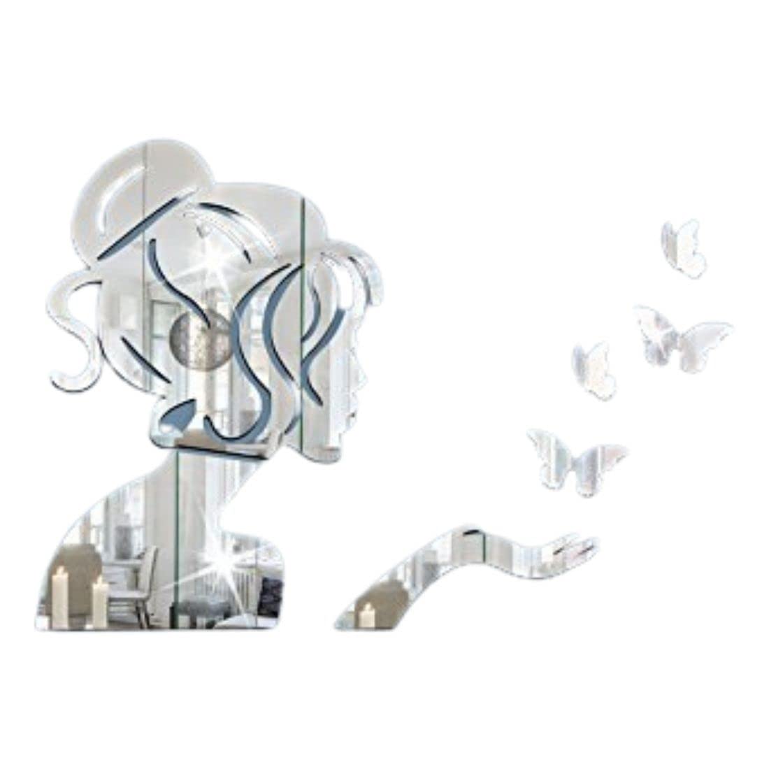 Meraki Mart Non Glass Gold Angel with 4 Butterflies 3D Wall Stickers Acrylic Mirror DIY Decor Tiles Wall Art Home, Living Room, Bedroom, Office, Garden, Cafe (Silver, Pack of 1, Size: 50.80x34.71 cm)