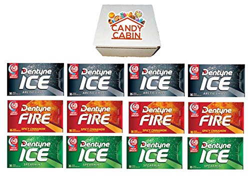 Dentyne Ice Sugar Free Gum, Variety Pack , 12 Packs of 16 Pieces By CANDY CABIN (ARCTIC CHILL-FIRE-SPEARMINT)