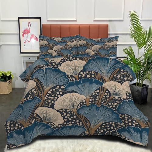 DLERFLOVR Edredón Relleno Nórdico 4 Estaciones Cama 105 200x200cm - Edredón Hojas De Ginkgo Y Pequeños Puntos Nórdico de Fibra Art Déco Suave Transpirable para Invierno, Primavera y Otoño, Gris Azul