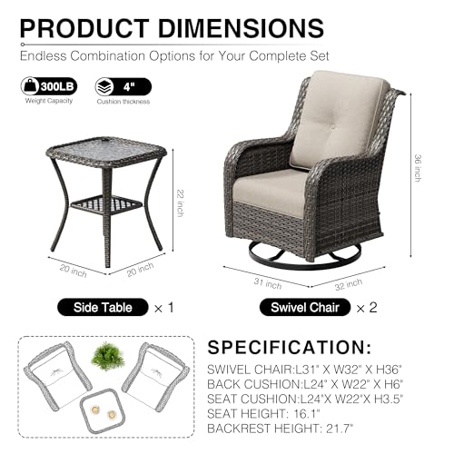 Image of Joyside 3 Piece Wicker Patio Furniture Set, Outdoor Swivel Rocker Patio Chairs with High Back, Deep Seating, Wide Armrest, Thickened Cushions, Outdoor Furniture for Deck, Porch Use