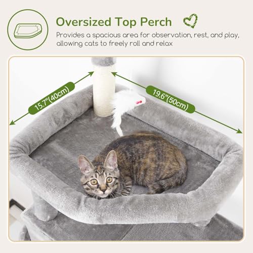 Image of Globlazer F74B Cat Tree for Indoor Cats Large Adult, Multi-Cat, Light Grey | Easy Setup, 74in Tall Tower, Oversized Top Perch, 2 Large Condos, Hanging Basket, 5 Sisal Scratching Posts, Anti-Topple Strap