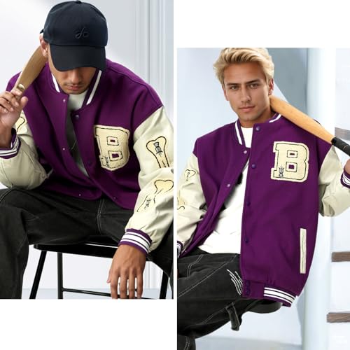 Image of Mens Varsity Jacket Baseball Bomber Jacket Vintage Unisex Streetwear Coats with Patchwork Hipster Utility Tops