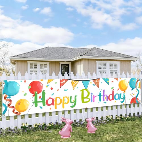 Image of Colorful Balloon Birthday Outdoor Banner 78.7 x 17.7 Inch Rainbow Lettering with Balloons and Confetti Party Decoration for Yard Garden Fence Porch Patio or Outdoor Celebration Display
