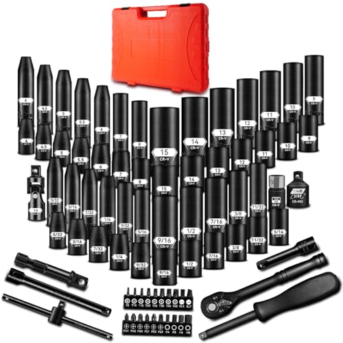 pgroup 1/4 Inch Drive Impact Socket Set, 79 PCS Standard SAE(5/32-9/16inch) & Metric(4-15mm) Size, 6 Point Deep & Shallow, 72T Wrench Ratchet Kit, Master Grade Cr-V With Heavy Duty Storage Case