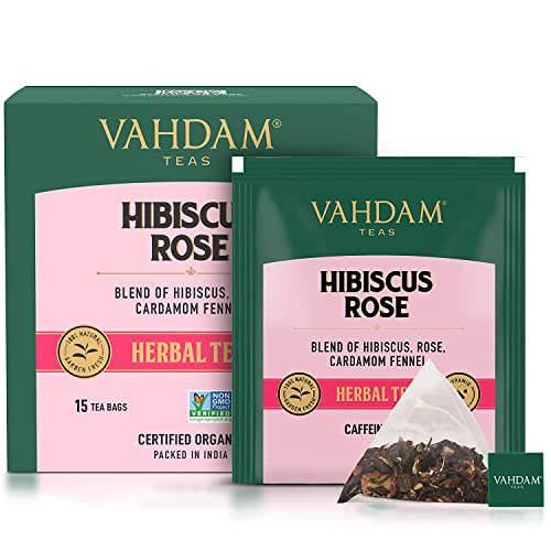 Vahdam, Organic Hibiscus Rose Tea (15 Pyramid Tea Bags) Herbal Tea Bags- Hibiscus Rose Petals & Indian Exotic Spices | Caffeine Free Hibiscus Tea, Floral Flavour Tisane | Eco-Conscious Tea Bags #TOP1