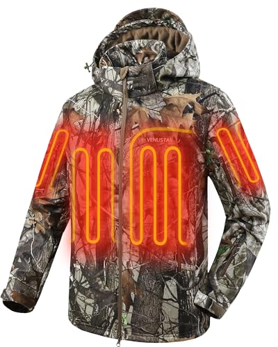 Venustas Men’s Heated Hunting Jacket with Battery, Heat Up to 20HRS, Rechargeable Heated Camo Jacket, Cold Weather Hunting