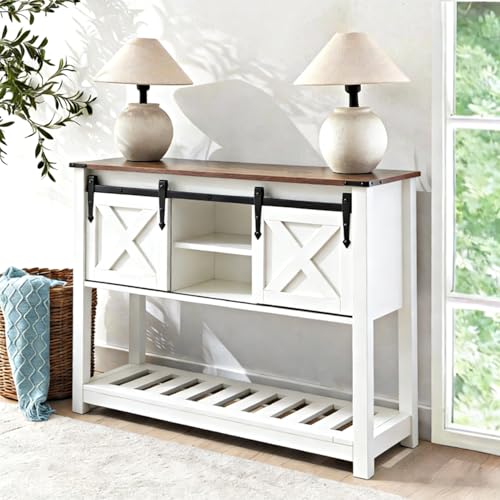 Stabrech White Farmhouse Entryway Table, Rustic Hallway Table with Storage
