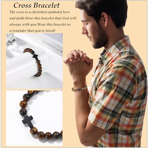 SONNYX 10PCS Religious Cross Beaded Bracelets for Men Adjustable Stretchy 8MM Natural Stone Bead Christian Gifts Faith Based Jewelry Jesus Bracelet2