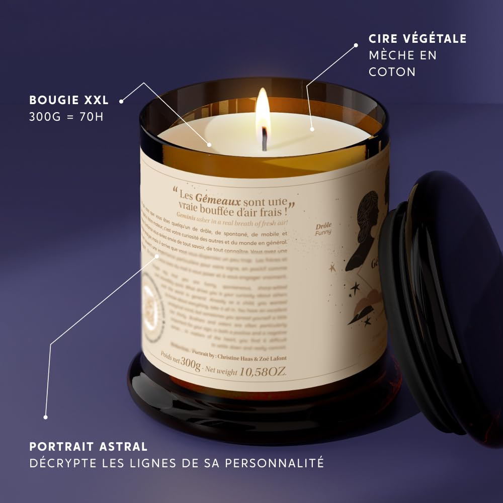 MY JOLIE CANDLE - Bougie Parfumée Signe Astrologique avec Portrait Astral - Gémeaux du 21 mai au 20 juin - Cadeau de Noël et Anniversaire - Cire à base végétale