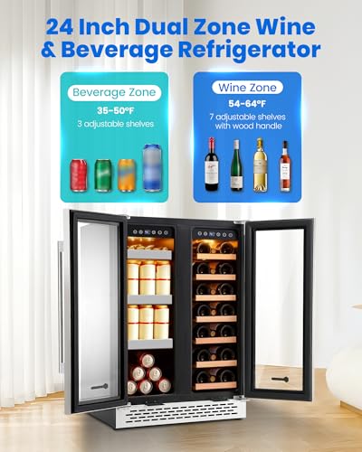 Image of 24 Inch Wine and Beverage Refrigerator Under Counter, Dual Zone 20 Bottles & 88 Cans Beverage Fridge with Stainless Steel Tempered Glass Door, Built-in /Freestanding Mini Fridge for Office /Bar /Kitchen