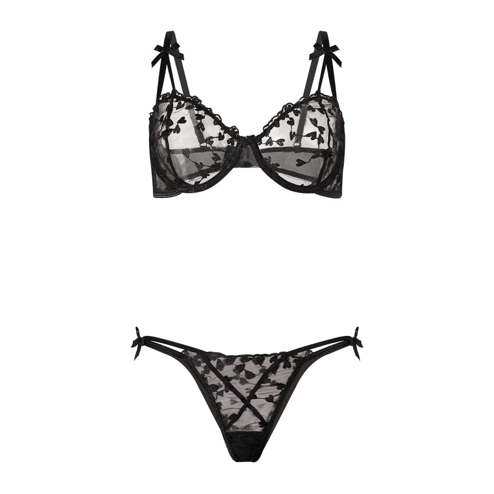 Conjunto de lencería Sexy de 2 Piezas para Mujer con Bordado Floral de corazón, Sujetador con Aros de Media Copa y Tanga, Sujetador Transparente de Malla para Mujer, Tanga a Juego, Bragas, Conjuntos