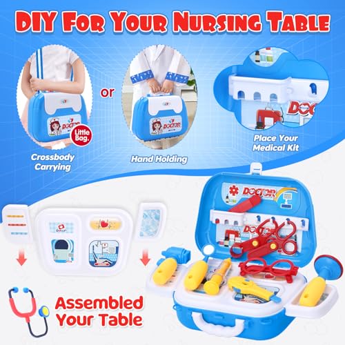 GINMIC Kids Doctor Play Kit, 22 Pieces Pretend Play Doctor Set with Roleplay Doctor Costume and Carry Case for Toddlers and Kids, Medical Dr Kit Toys for Girl Age 3 4 5 6 7 Year Old (Blue-1)