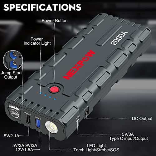 Image of NEXPOW 2000A Peak Car Battery Jump Starter with USB Quick Charge 3.0 (Up to 7.0L Gas or 6.5L Diesel Engine), 12V Portable Jump Box, Battery Booster with Built-in LED Light, Jumper Cables